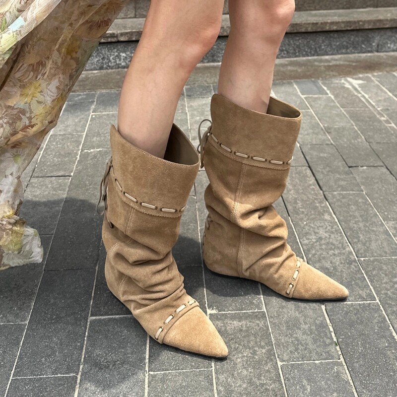 超软小羊皮~内增高5cm绒面褶皱骑士靴女折叠两穿西部牛仔靴女长靴|undefined