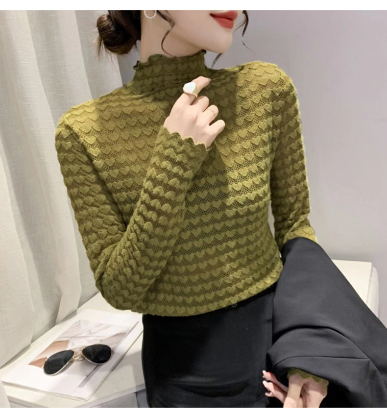 Maglia termica da donna a maniche lunghe con scollo a lupetto e pizzo floccato - Elegante capo da indossare a strati per l'autunno e l'inverno_voghion.com