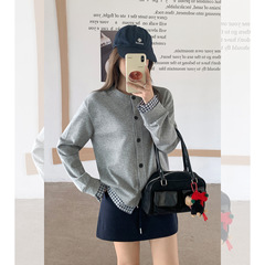 假两件格子拼接设计感长袖卫衣外套2025秋季新款小众棒球上衣女