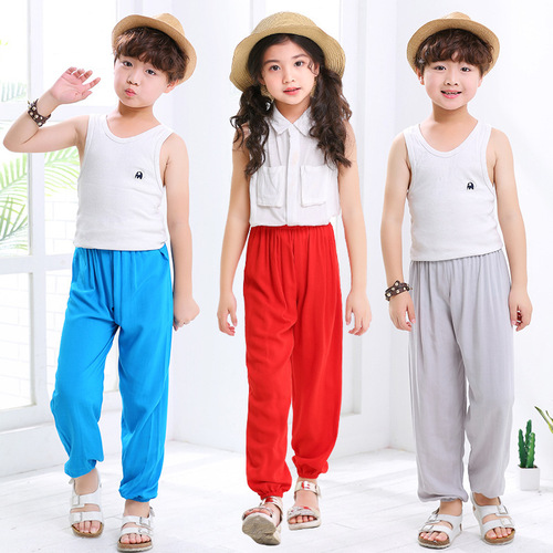 2024 summer new children's cotton silk mosquito-proof pants parent-child knickers solid color pants thin air-conditioned pajamas