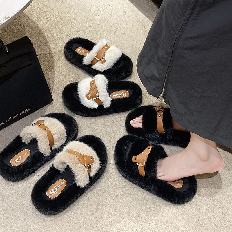 ins毛毛拖鞋女2023秋冬季新款居家网红百搭外穿厚保暖一字棉拖鞋