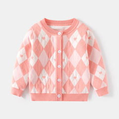 廠家批發童裝女童菱格毛衣開衫24春新款寶寶雙層棉線圓領針織線衫