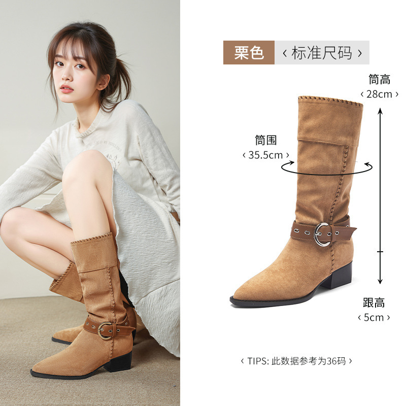 奥古狮登尖头马丁靴女2025新款棕色复古西部靴废土风堆堆靴牛仔靴|undefined