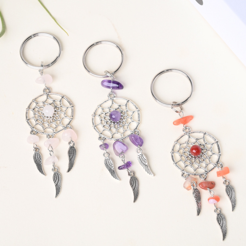 Natural Crystal Gravel Dream Catcher Keychain Ring DIY Tassel Pendant Metal Alloy Ornament Amethyst Pink Crystal Style