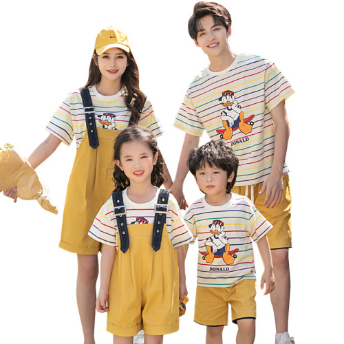 Children's cartoon short-sleeve T-shirt striped parent-child set summer dress mother and daughter overalls set family of four mother and son set trendy