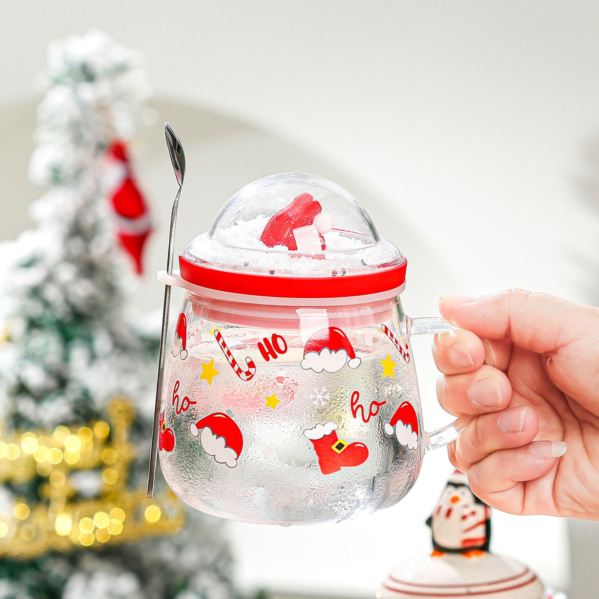 Dibujos animados creativos personalizados de Navidad de vidrio taza de agua con tapa cuchara muñeca Linda taza de regalo de alta