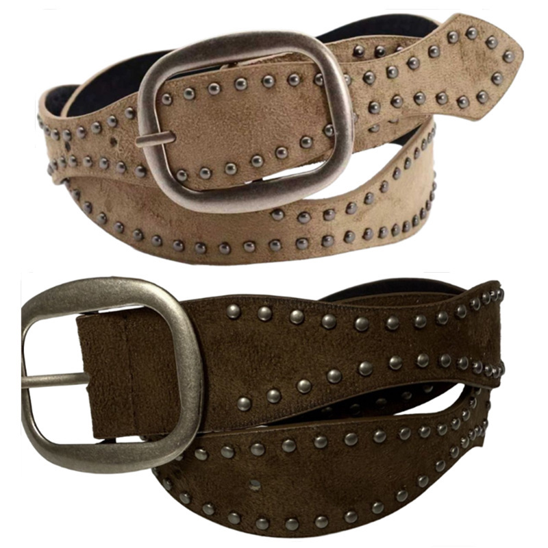 Vintage Double-Row Rivet Belt for Women, Wide Waist Belt, Versatile Decorative Belt, Ins-Style Belt, European and American Style Y2K Suede Belt