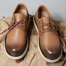 春季头层牛皮休闲皮鞋男真皮实心底工装厚底大头鞋复古美式工装