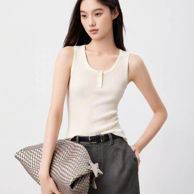 Cloud Narrative Simple Paper Figure 100% Australian Wool U-Neck Vest Design-Conscious Fine Ribbed Knit Top for Women