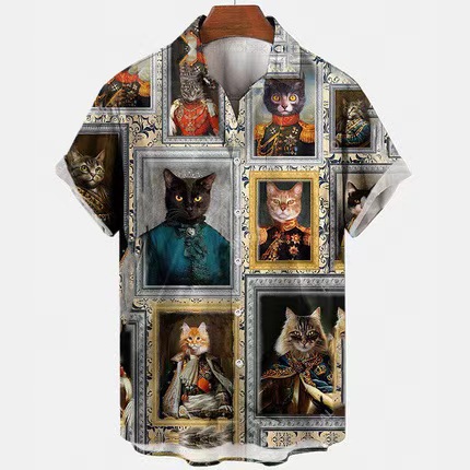 Comercio exterior transfronterizo de los hombres primavera europea y americana nueva solapa impresa en 3D manga corta a rayas retro camisa casual hombres al por mayor