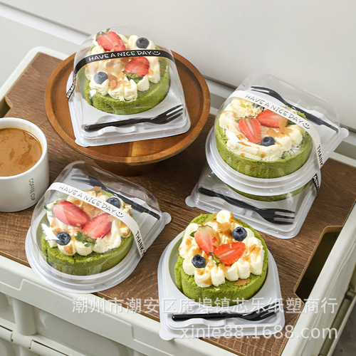 Individually Packaged Cake Roll Slices in a Swiss Roll & Tiger Skin Roll Box—Disposable, Japanese-Style Transparent Dessert Container with Fork