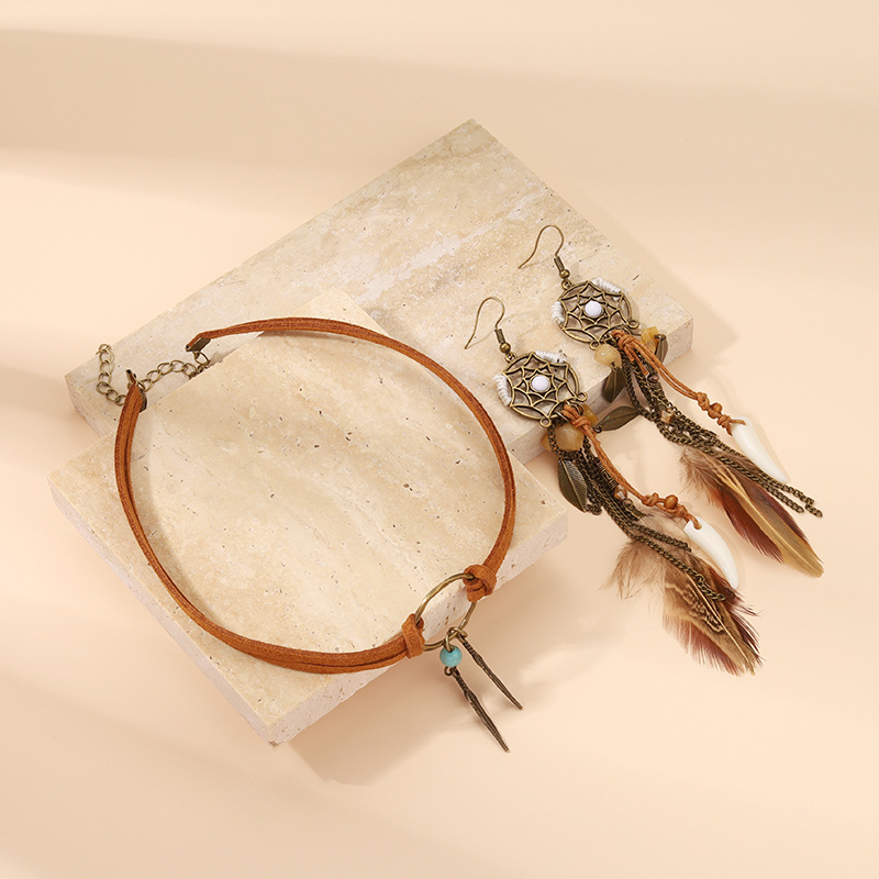 Alloy, turquoise Material Women's Gender Wholesale Jewelry Retro Feather Alloy Turquoise Patchwork Earrings Necklace