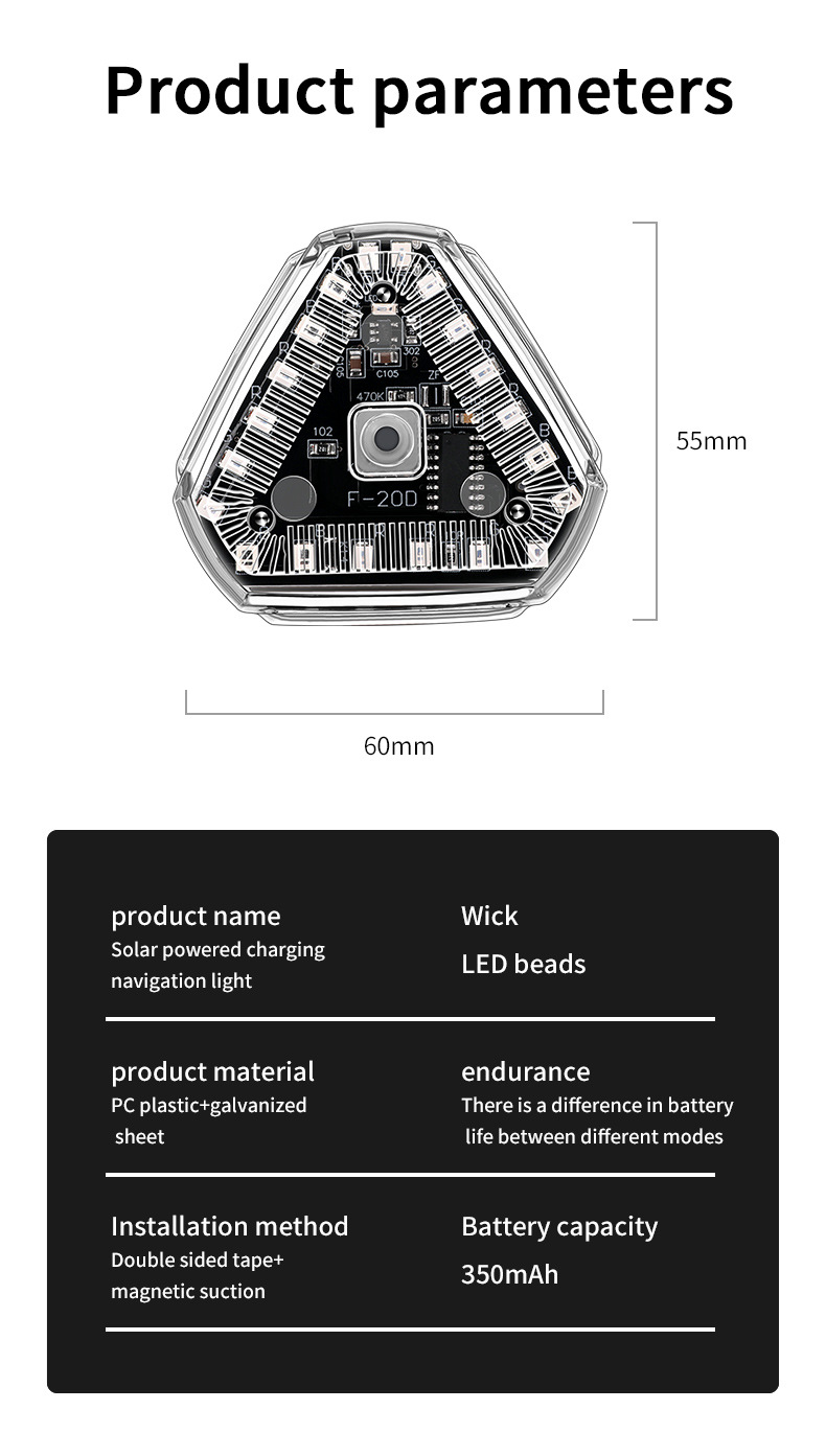 Motorcycle Navigation Light Strobe Light Modified Triangle Solar Light Universal Strobe Motorcycle Electric Non-Wired Car