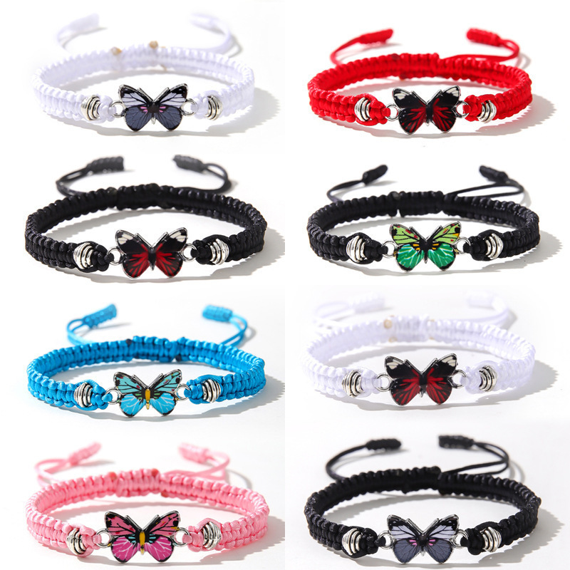 Adjustable Handmade Woven Bracelet with Oil-Drip Alloy Pendant, Wire-Wrapped Double-Ring Butterfly Women's Woven Bracelet