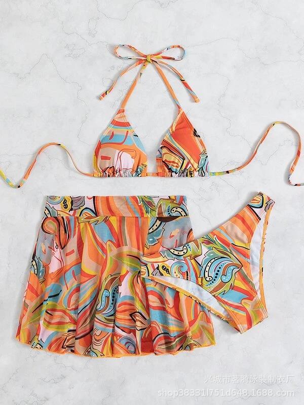 2022 nuevo popular sexy moda europea y americana bikini falda de malla de tres piezas traje de baño de las mujeres