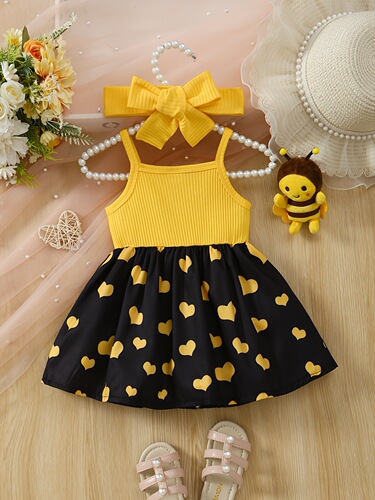 Baby's Cartoon Elephant Heart Pattern Cami Dress Set Lovely