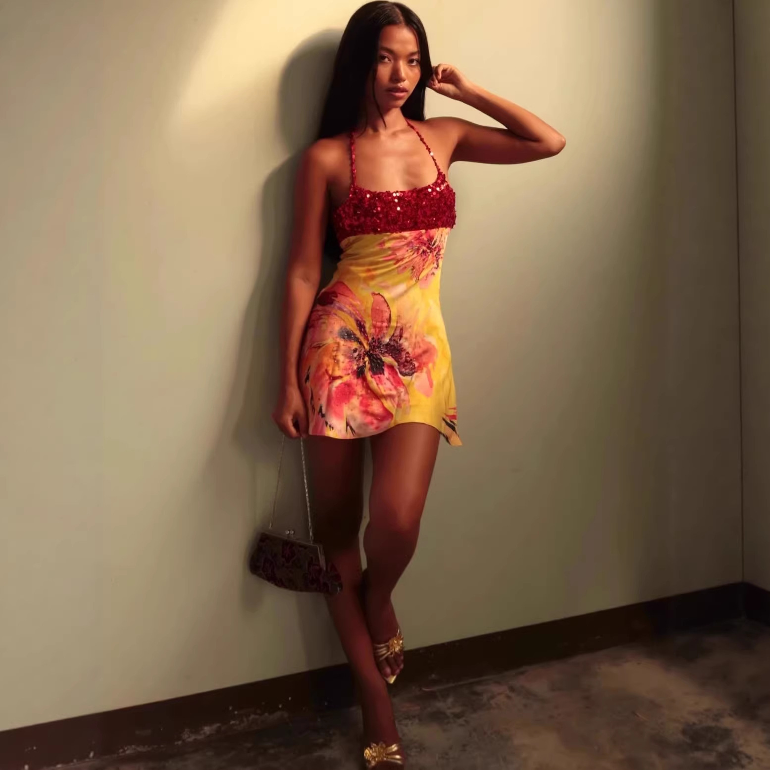 Sexy Sequined Slip Dress With Floral Print Patchwork Short Women's Stylish European And American Fashion New_ecoleips.com