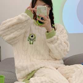 法兰绒睡衣冬季女款长袖加绒加厚卡通学生宽松珊瑚绒家居服女套装
