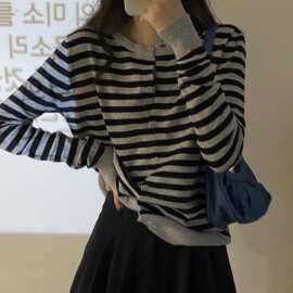大码胖mm慵懒风条纹长袖针织衫上衣女秋冬新款毛衣宽松小开衫外套