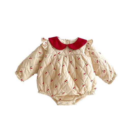 Baby autumn and winter clothes cherry quilted plus velvet bag fart clothes princess harem clothes baby girl newborn sweet onesie