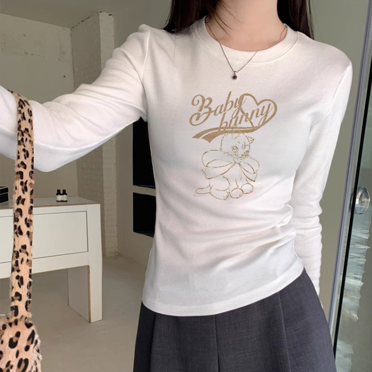 美式正肩圆领长袖T恤女装春秋新款时尚百搭猫咪印花修身百搭上衣