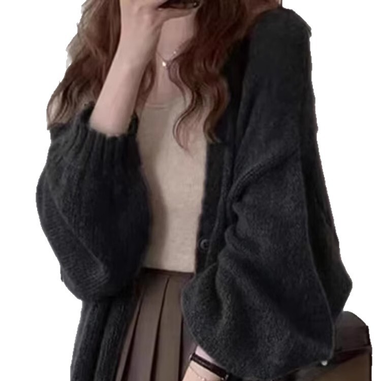 复古灯笼袖马海毛针织开衫薄款外套女2025新款慵懒风毛衣宽松上衣|undefined