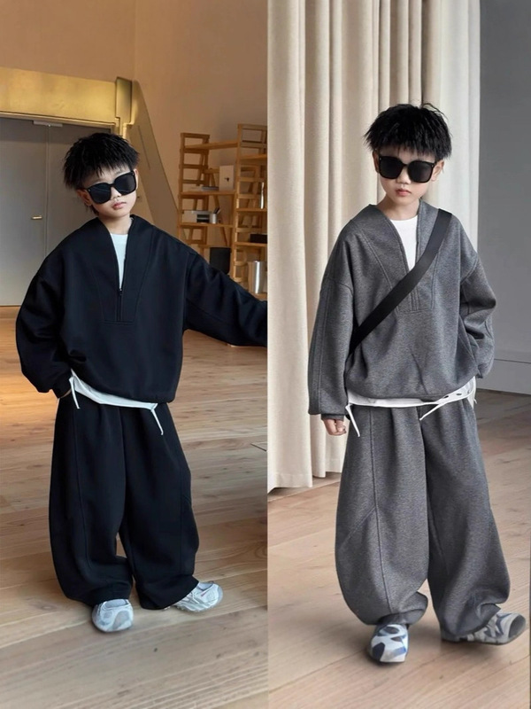 男童套装春秋2025新款中大童男孩帅气潮服春秋季v领休闲卫衣两件|undefined