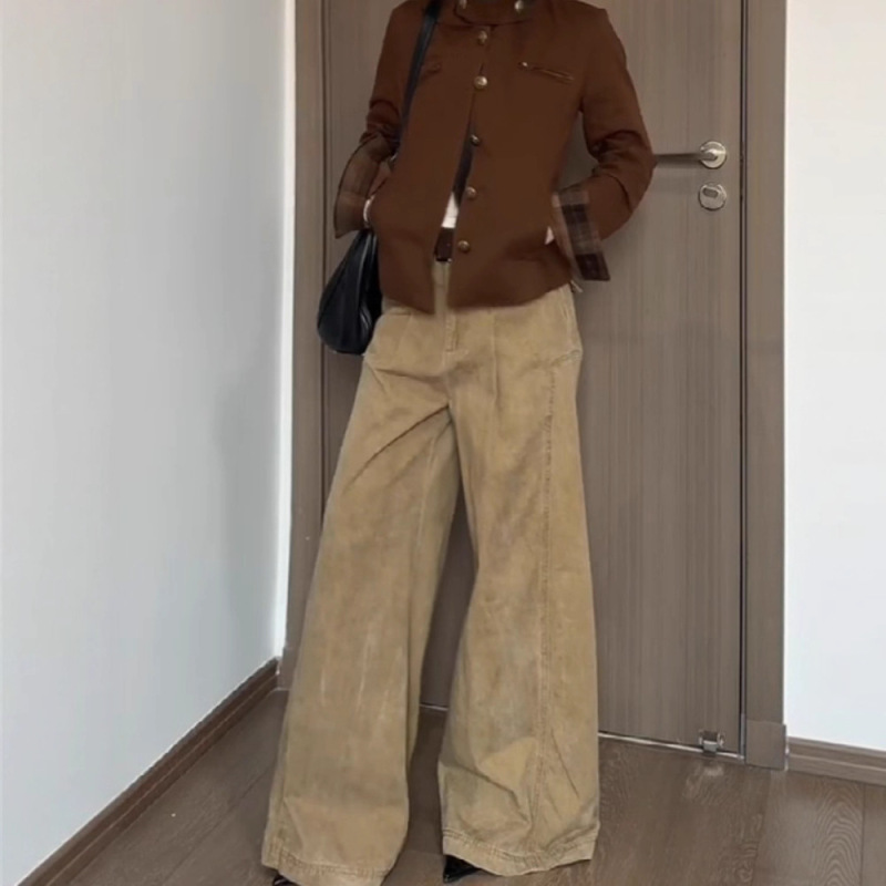 美式复古卡其色解构阔腿牛仔裤女秋季新款高腰宽松显瘦直筒拖地裤|undefined