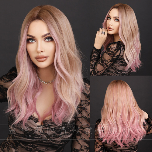 New European and American fashion wig, medium-parted long curly hair, large wave gradient, rose mesh chemical fiber women's wig full head cover
