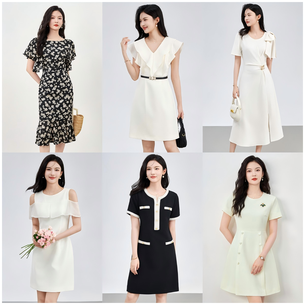 Đầm suông nữ midi mùa hè tay ngắn cổ tròn — 2423302 - Đen