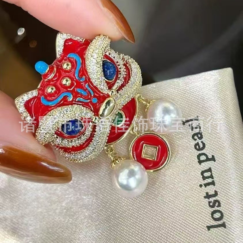 DIY Accessories Chinese Style Red Lion Awakening National Trend Brooch High-End Women's Enamel Painted Brooch Brooch Empty Holder