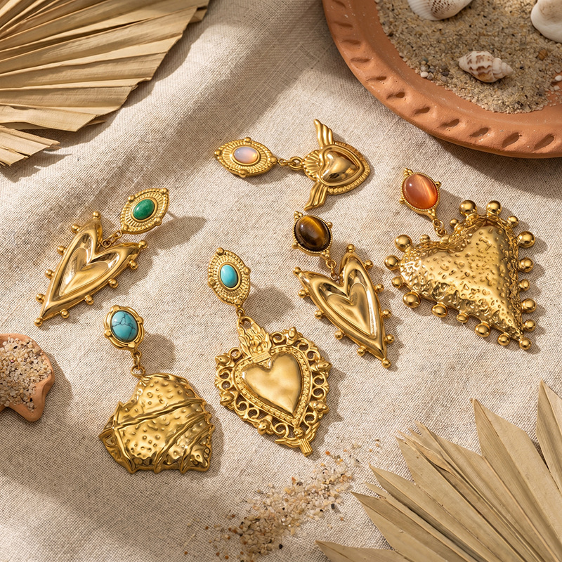 TENA estilo francés antiguo amor colgante de piedra natural pendientes de lujo ligero retro acero inoxidable orejas doradas para mujeres
