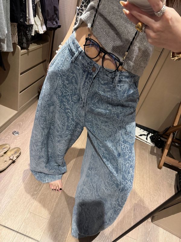 新中式提花肌理感牛仔裤女2025早秋季新款宽松慵懒松弛感阔腿长裤|undefined