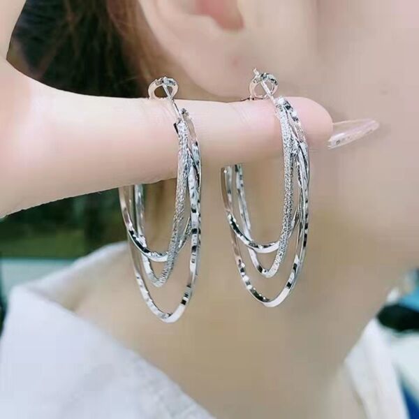Fashion Sansheng Sanshi three-layer earrings 925 silver needle goddess high-grade simple trendy women's earrings all-match earrings