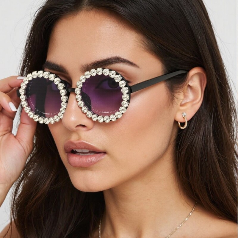 Round Frame Retro Exaggerated Sunglasses for Women, Trendy with Rhinestones, Rihanna Style, Metal, for Stage Performances and Parties