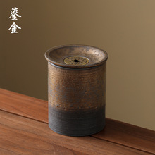 大号铜钱建水黑陶日式禅意黑家用办公百搭斑斓茶渣缸水盂水洗废水