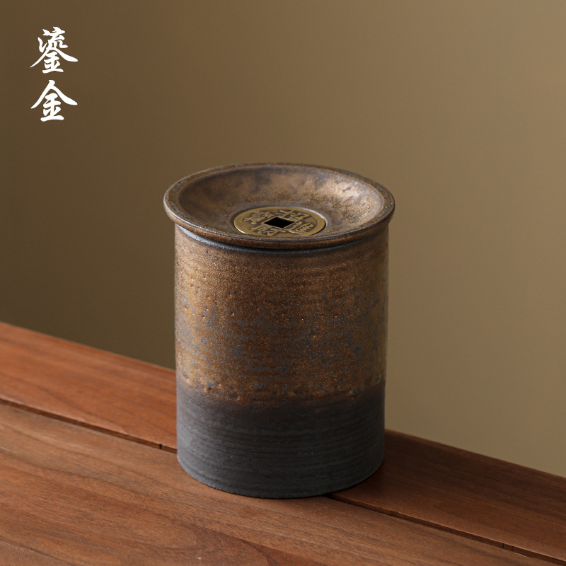 大号铜钱建水黑陶日式禅意黑家用办公百搭斑斓茶渣缸水盂水洗废水