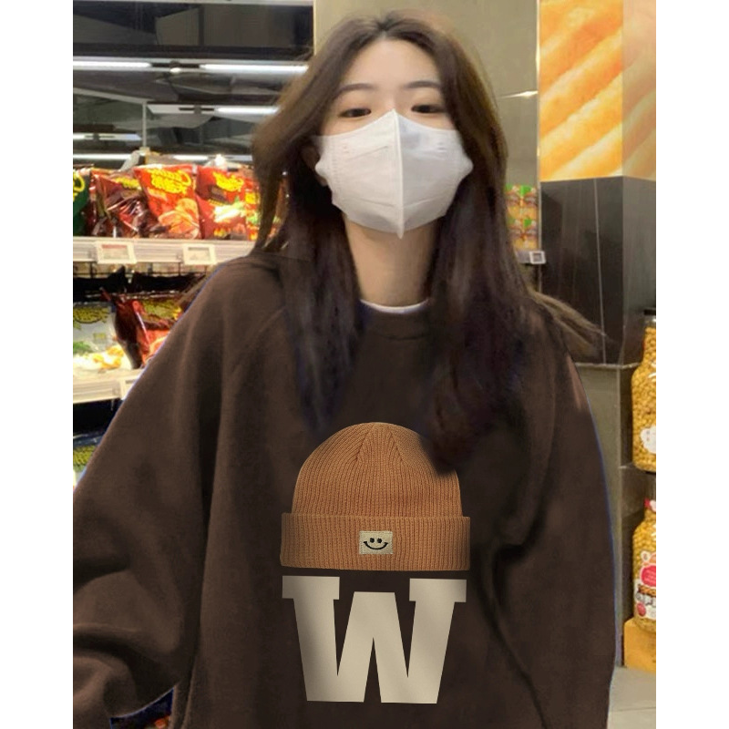 American Style Retro Brown Round Neck Sweatshirt Women's Spring and Autumn Thin Letter Printed Loose All-match Lazy Style Coat Top American Style Retro Brown Round Neck Sweatshirt Women's Spring and Autumn Thin Letter Printed Loose All-match Lazy Style Coat Top