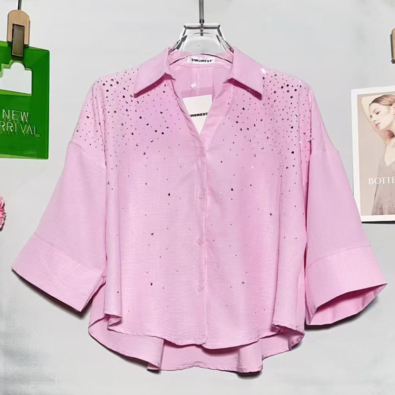 European-Style High-End Long-Sleeve Solid Color Shirt with Rhinestones, 2026 Summer Commuter Elegant Top for Women European-Style High-End Long-Sleeve Solid Color Shirt with Rhinestones, 2026 Summer Commuter Elegant Top for Women