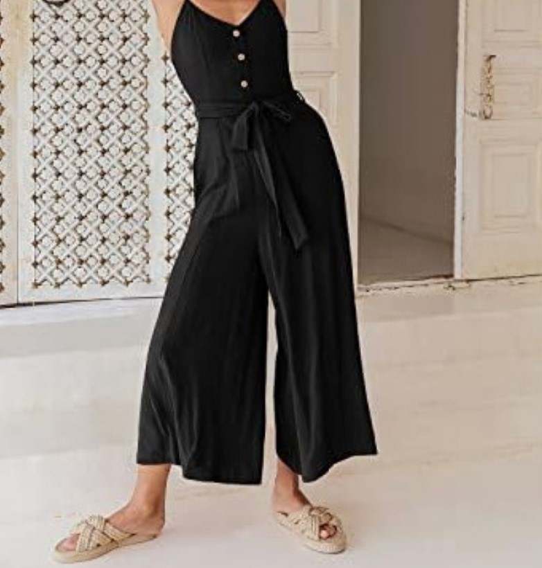 2023 Mono de pierna ancha con cuello en V y correa de hombro delgada de verano para mujer con cinturón