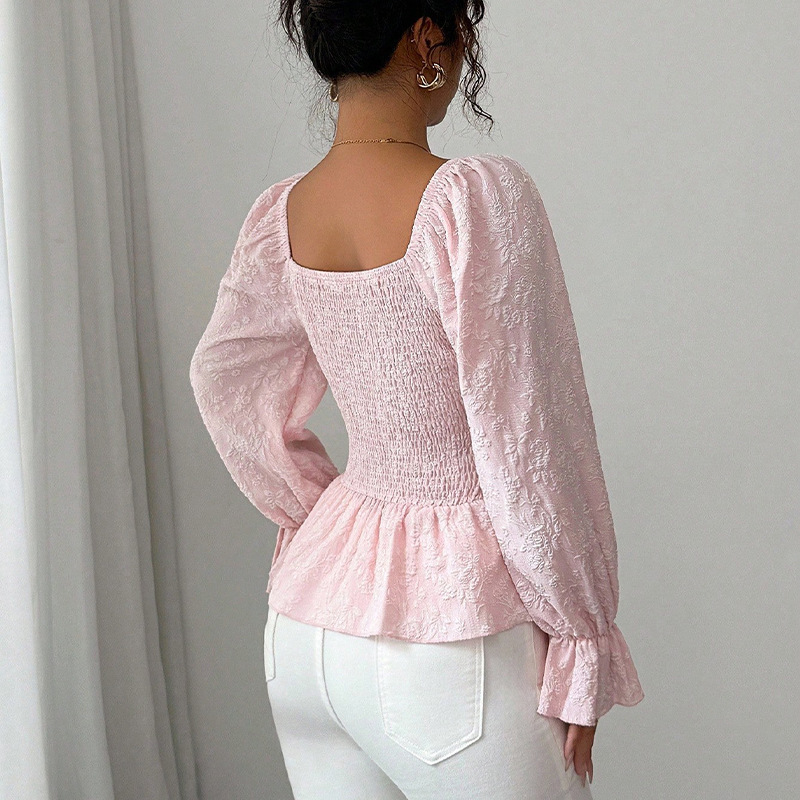 Ruihou Women's French Design U Neck Tie Waist Long Sleeve Blouse Casual Elegant Fashion Thin Top For Spring/Autumn_ecoleips.com