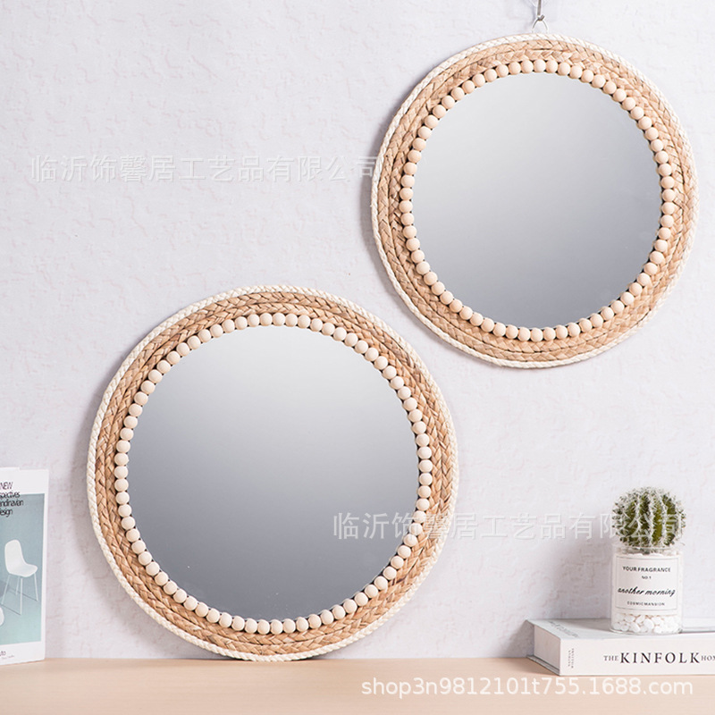 Retro Ronda espejo cosmético espejo de paja de la pared del pasillo sala de estar cuarto de baño de fondo colgante de pared espejo decorativo