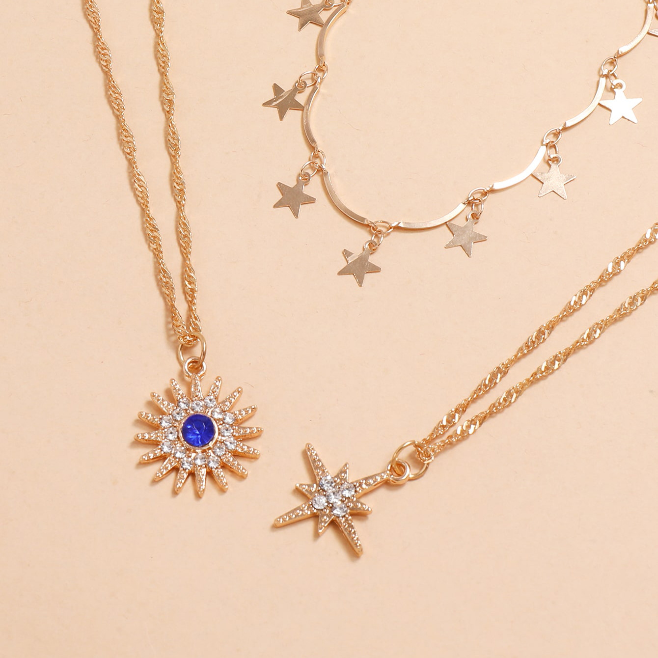 Multi-layered wear five-pointed star diamond eight-pointed star Sun Flower Pendant Tassel Necklace