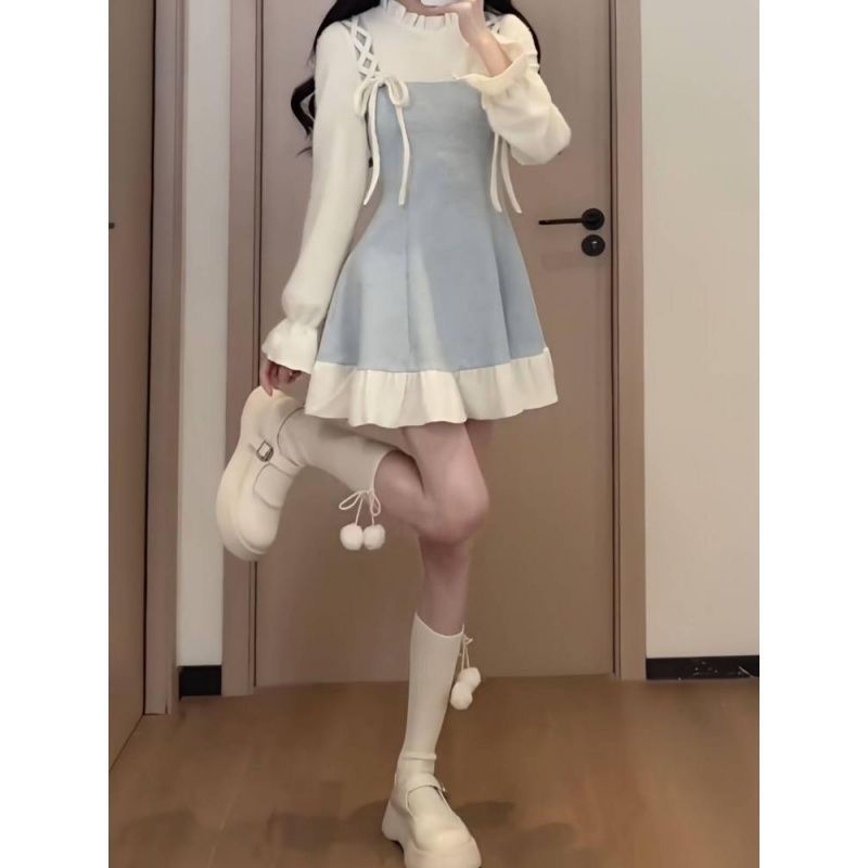 早春甜美短裙秋冬收腰显瘦小众设计感撞色拼接假两件连衣裙女|undefined