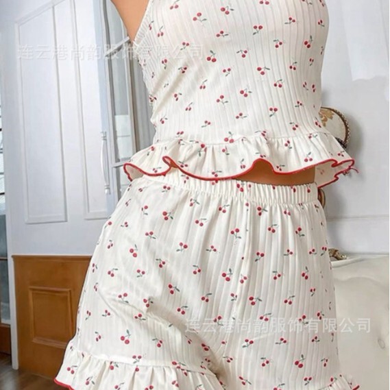 Women's Strawberry Print Sexy Ribbed Frill Trim Pajama Set|undefined
