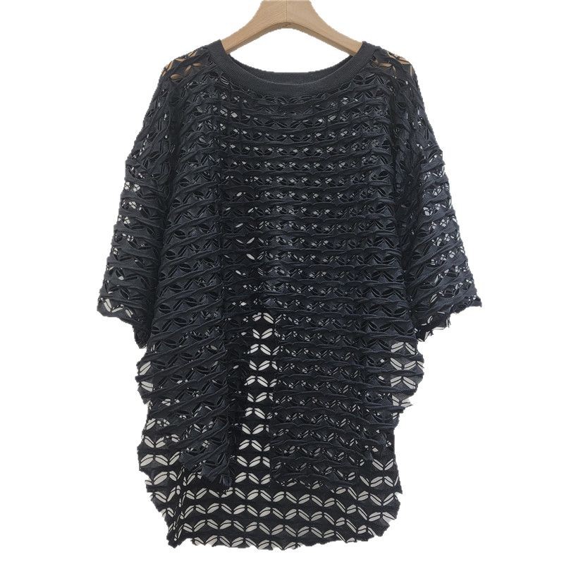 Personalidad fresca de malla hueca de manga corta irregular blusa de bifurcación 2025 verano nueva blusa corta de moda image 5