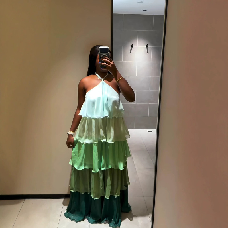 European and American Cross-Border Women's Fashion 2026 New African Style Sweet and Fresh Sleeveless Halter Neck Tiered Dress with a Large Hem European and American Cross-Border Women's Fashion 2026 New African Style Sweet and Fresh Sleeveless Halter Neck Tiered Dress with a Large Hem