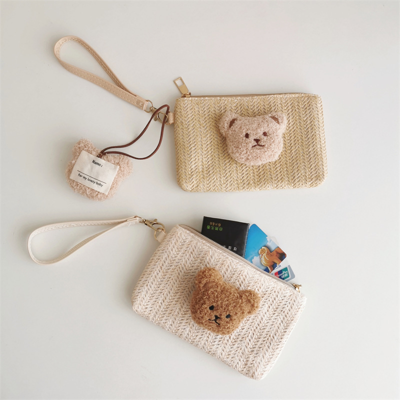 Korean ins Style Embroidered Bear Children's Straw Zipper Coin Purse Mother Outgoing Key Bag Wrist Clutch Bag