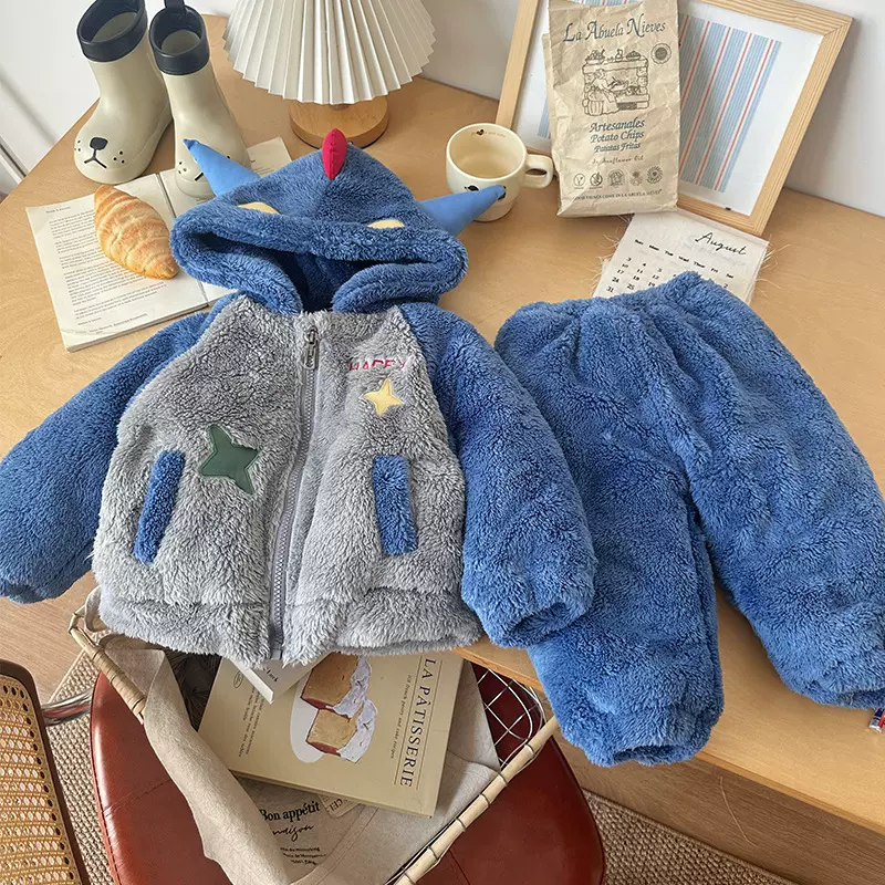 DT256351儿童加绒加厚家居服套装2025冬季新款连帽拼色卡通套装男