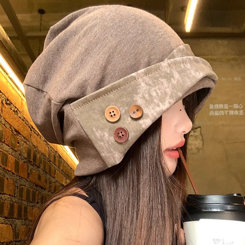 新款小众艺术堆堆帽暗黑废土风扎染包头帽女显脸小冷淡风纽扣帽子|undefined